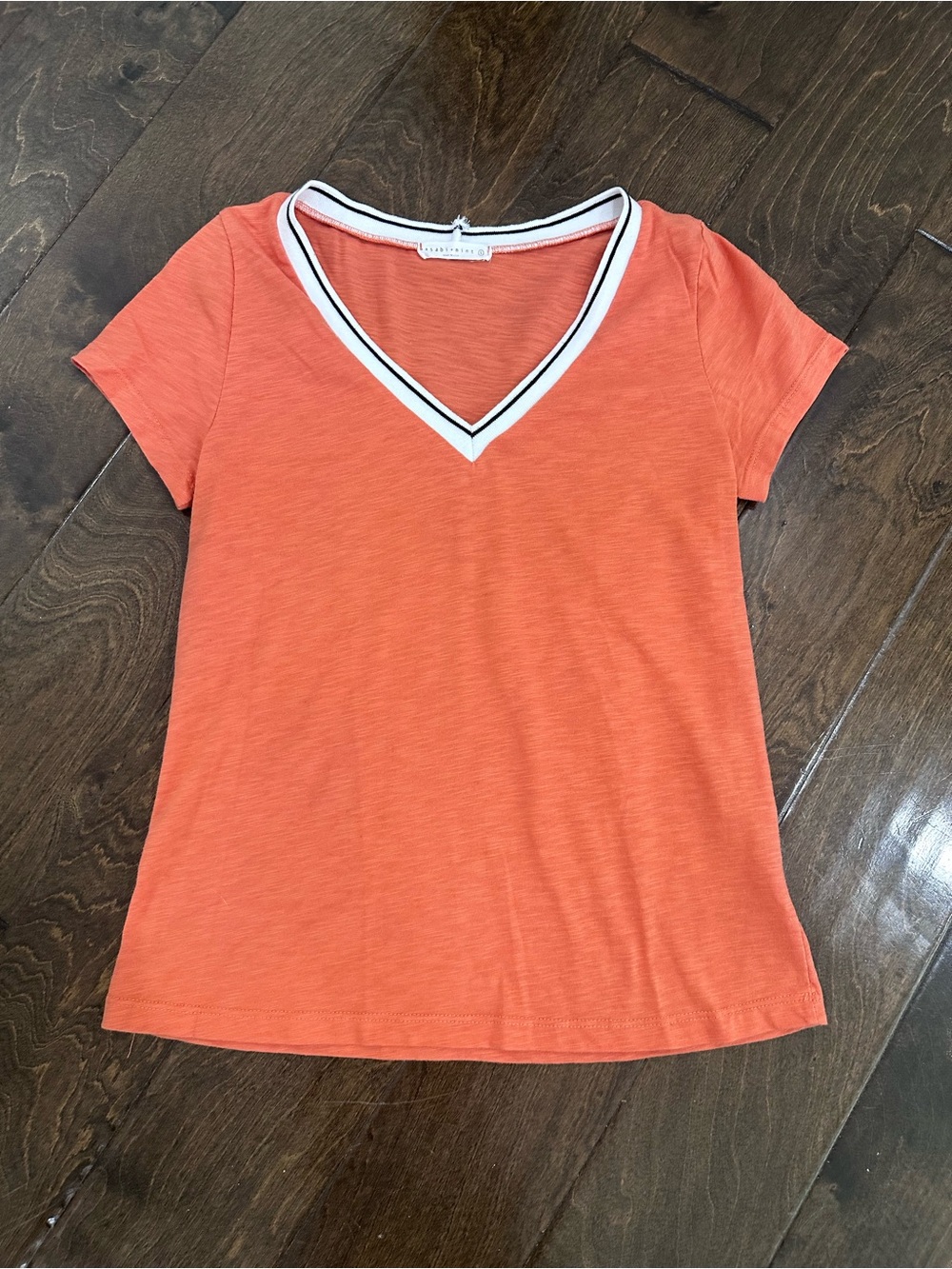V-Neck Short Sleeve Tee in Coral with Stripe Trim